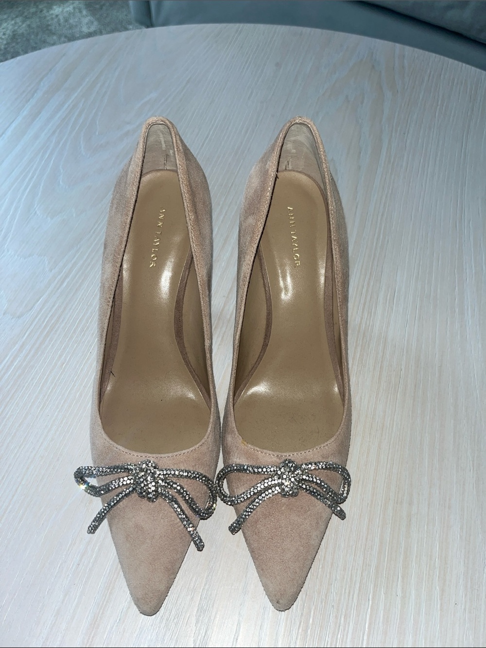 Ann Taylor Blush Suede Pointed Toe Pumps with Crystal Bow